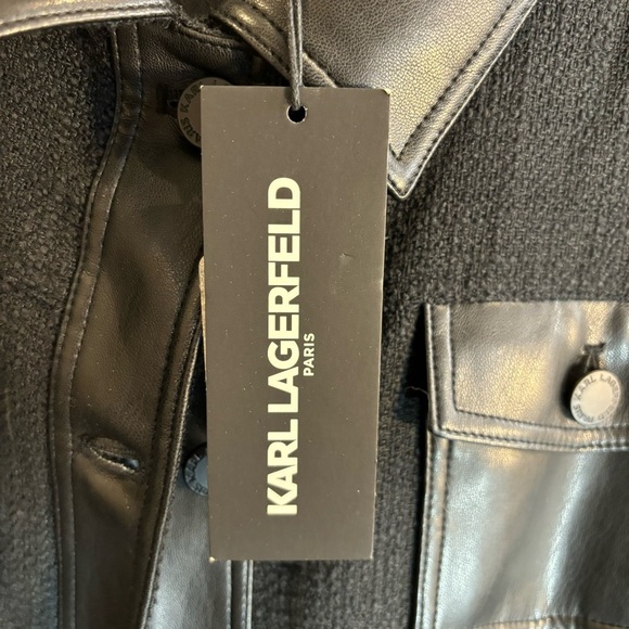 KARL LAGERFELD PARIS Sz 16 Bomber Jacket Twill Vegan Leather Combination NEW - Picture 5 of 12